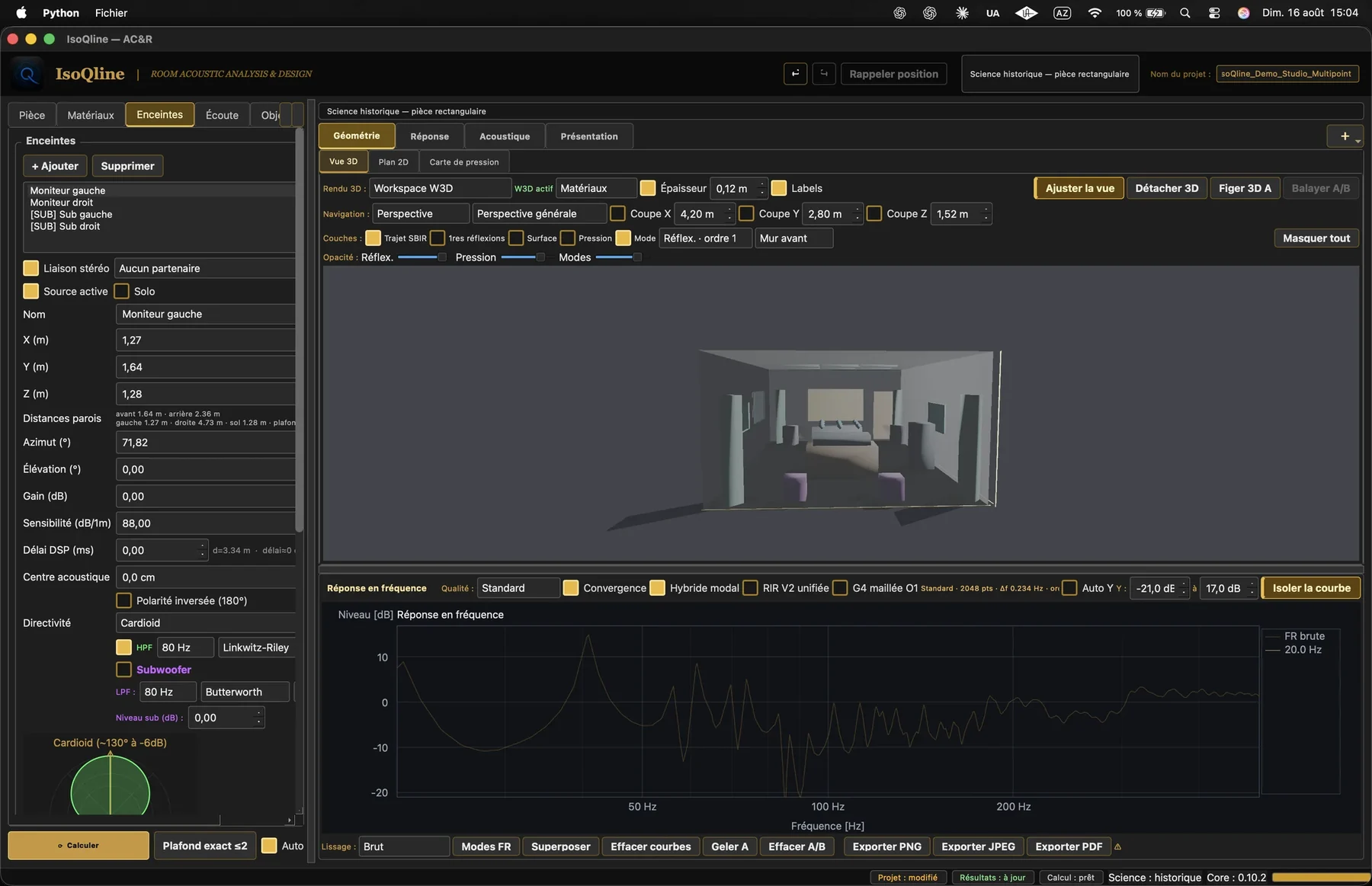 Interface d’IsoQline : modèle 3D d’une pièce, sources et réponse fréquentielle.