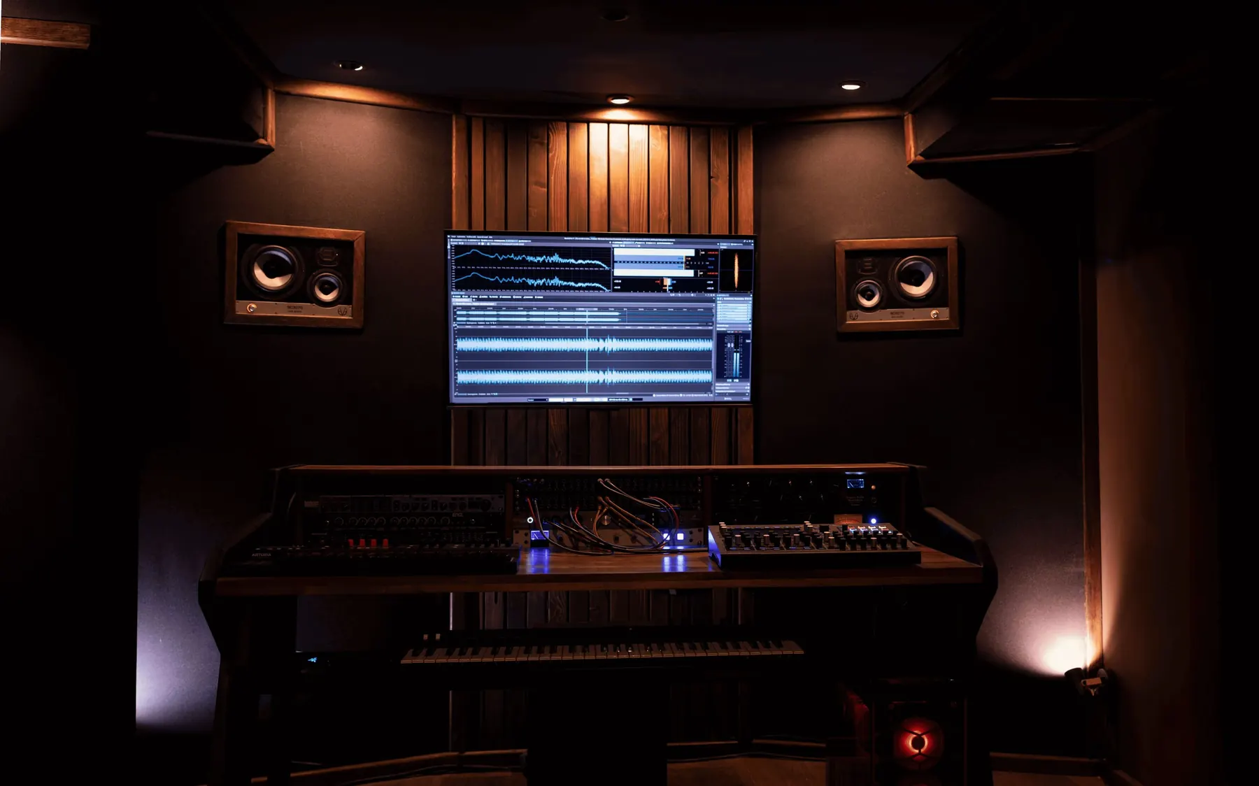 Control room de production musicale : moniteurs, position de mixage et traitement mural en bois.